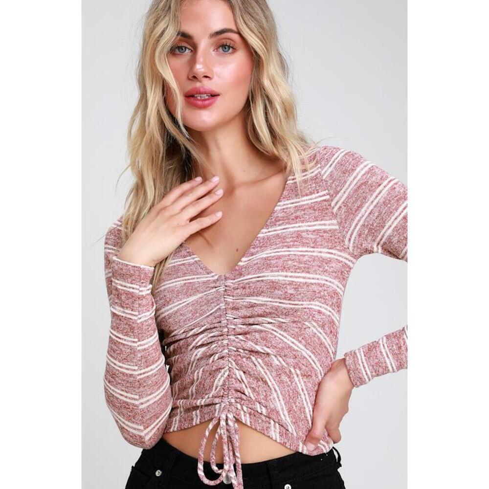 Lulus Cozy Kick Back Washed Striped Long Sleeve Top - Size L